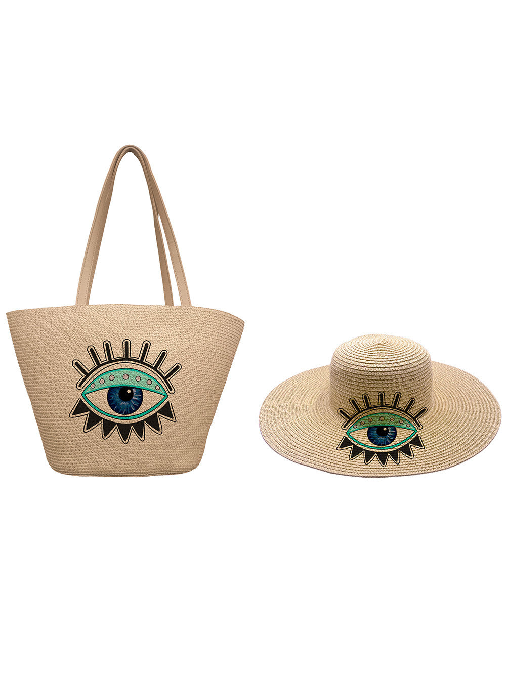 Women's Style Straw Woven Hat Set Vintage Eye Print Bags