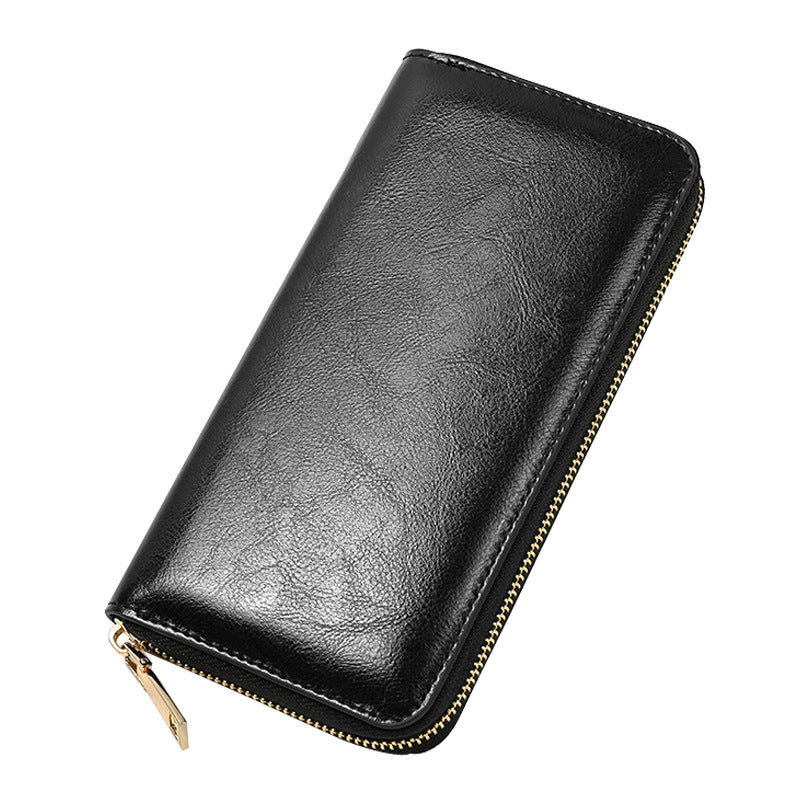 Women's Oil Wax Grain Cowhide Zip Long Genuine Leather Large Ladies Wallet