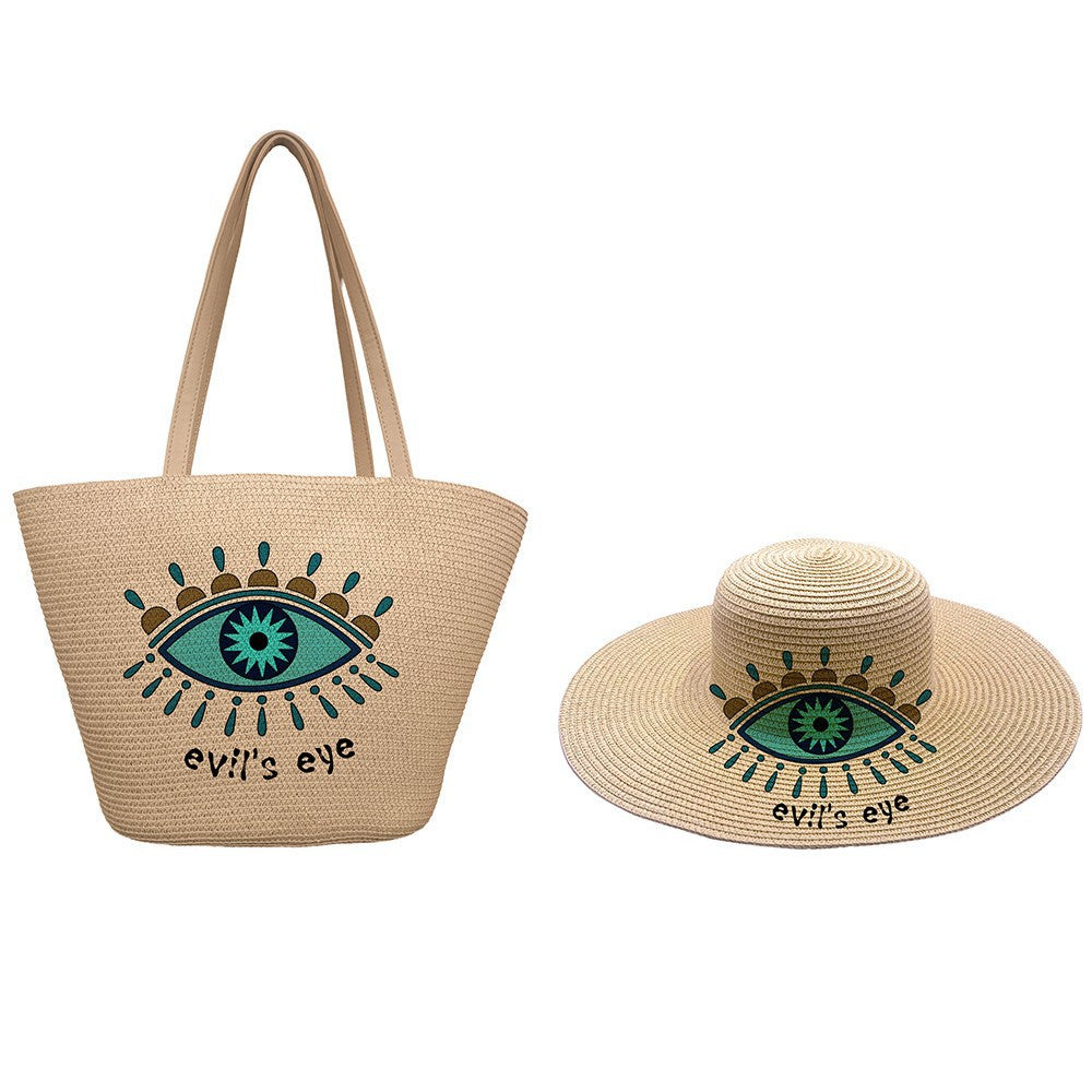 Women's Style Straw Woven Hat Set Vintage Eye Print Bags