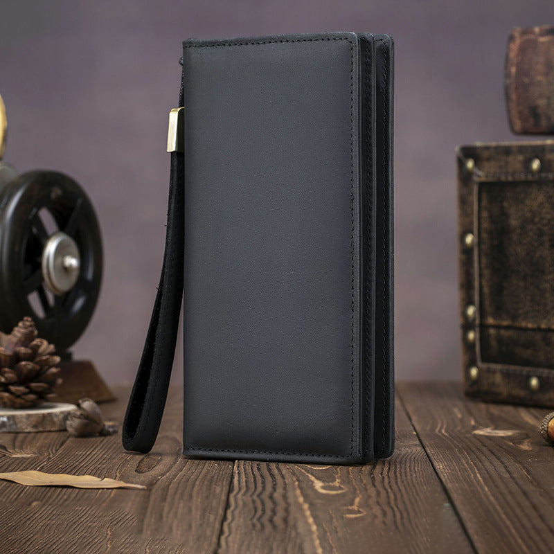 Men's Capacity First Layer Cowhide Simple Solid Color Long Two Fold Handbags