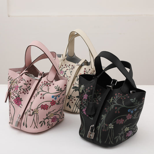 Women's First Layer Cowhide Painted Vegetable Basket Portable Genuine Bags