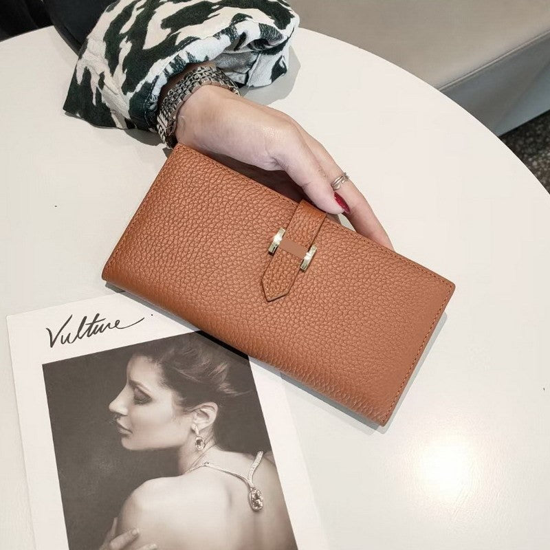 Women's Simple Cowhide Clutch Litchi Pattern Fashion Long Ladies Wallet