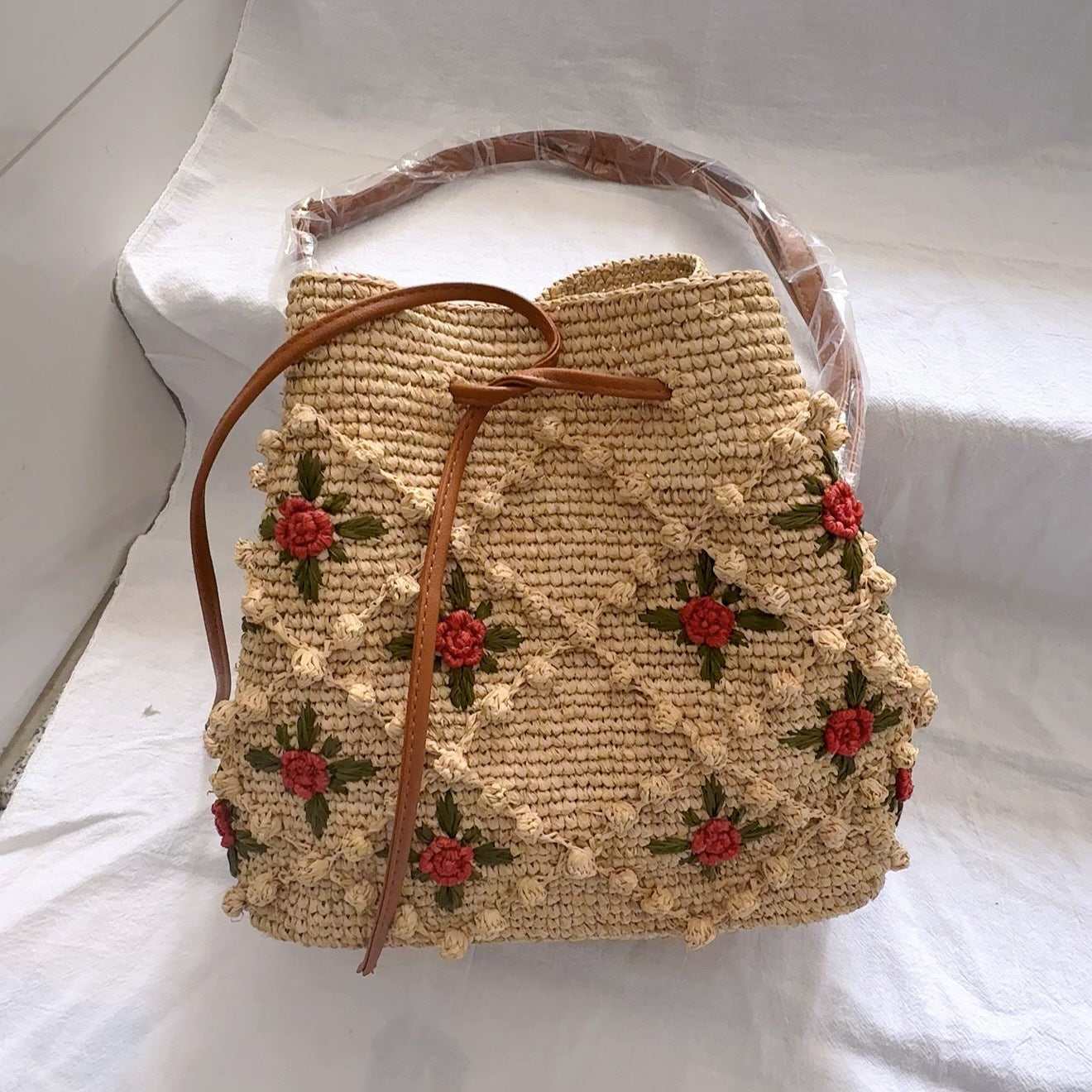 Crochet Straw Three-dimensional Rose Retro Handmade Women's Shoulder Bag