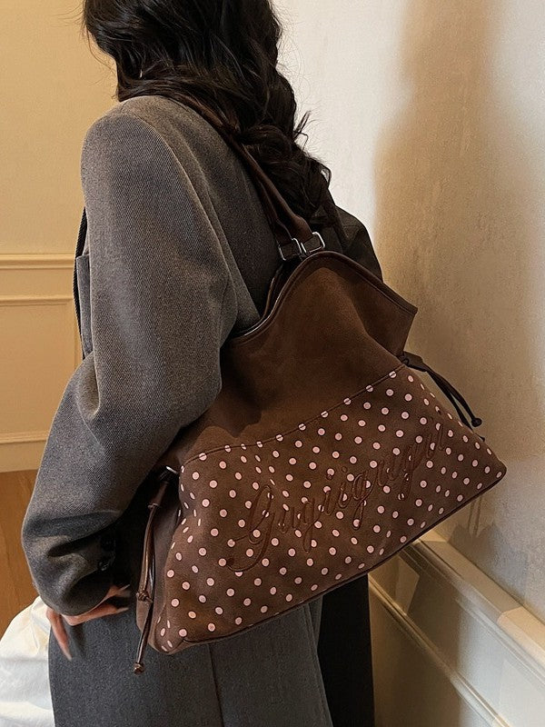 Women's Suede Polka Dot Stitching Drawstring Large Women's Messenger Bag