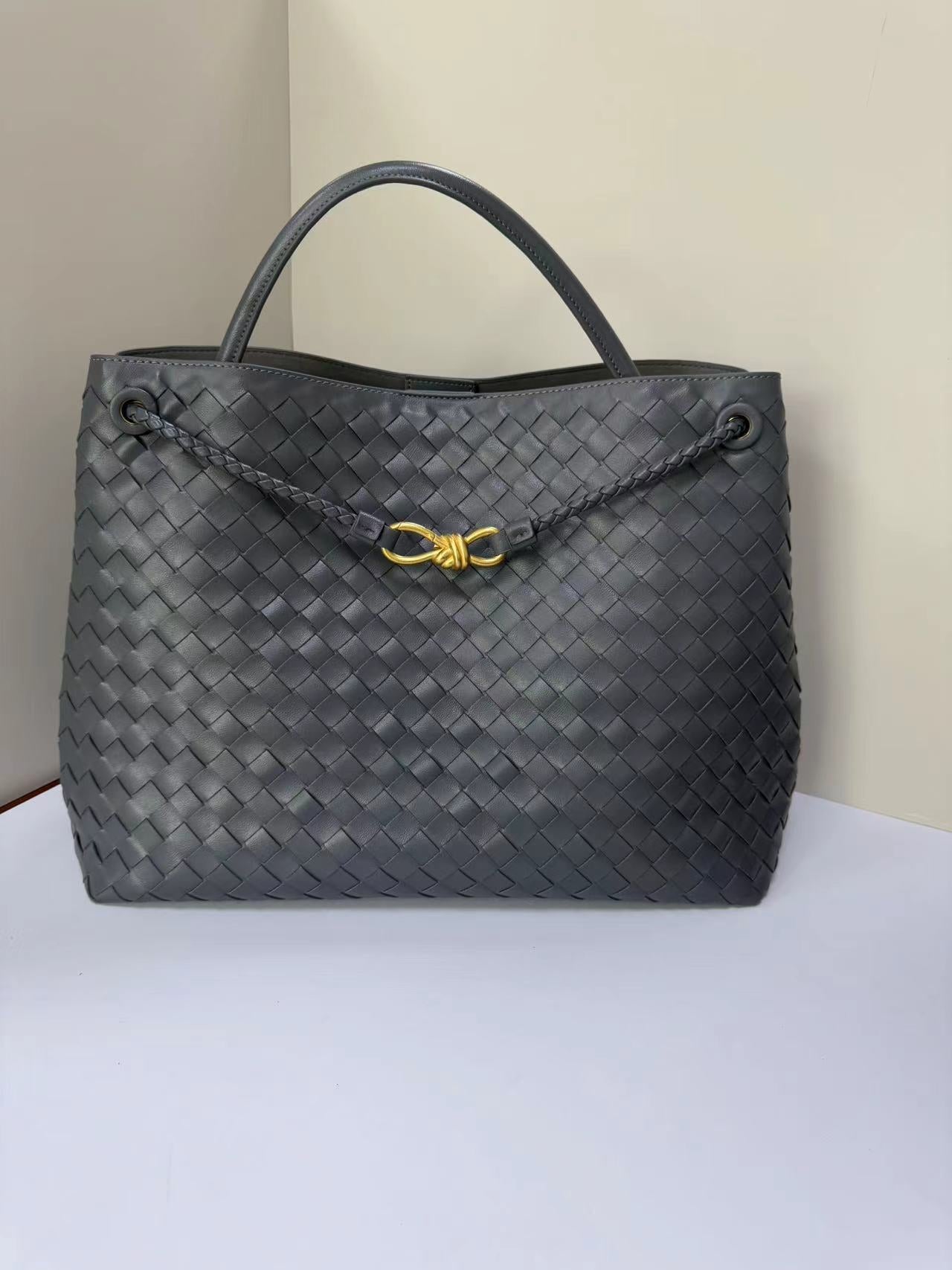Women's Bow Metal Cord Fastener Woven Genuine Leather Bags