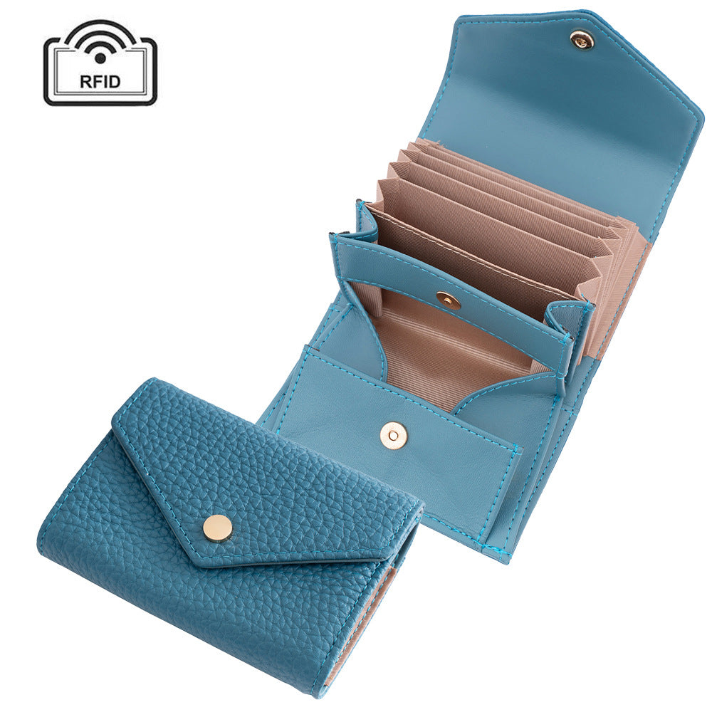 Women's Leather Swiping Multiple Slots Expanding Short Top Layer Cowhide Ladies Wallet