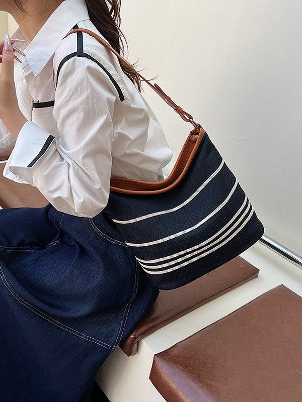Striped Leisure Suction Clasp City Simple About Bucket Bag
