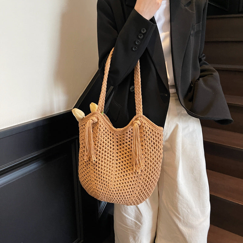 Women's Capacity Cotton Thread Weaving Hollow Beach Mori Style Idle Straw Tote Bag