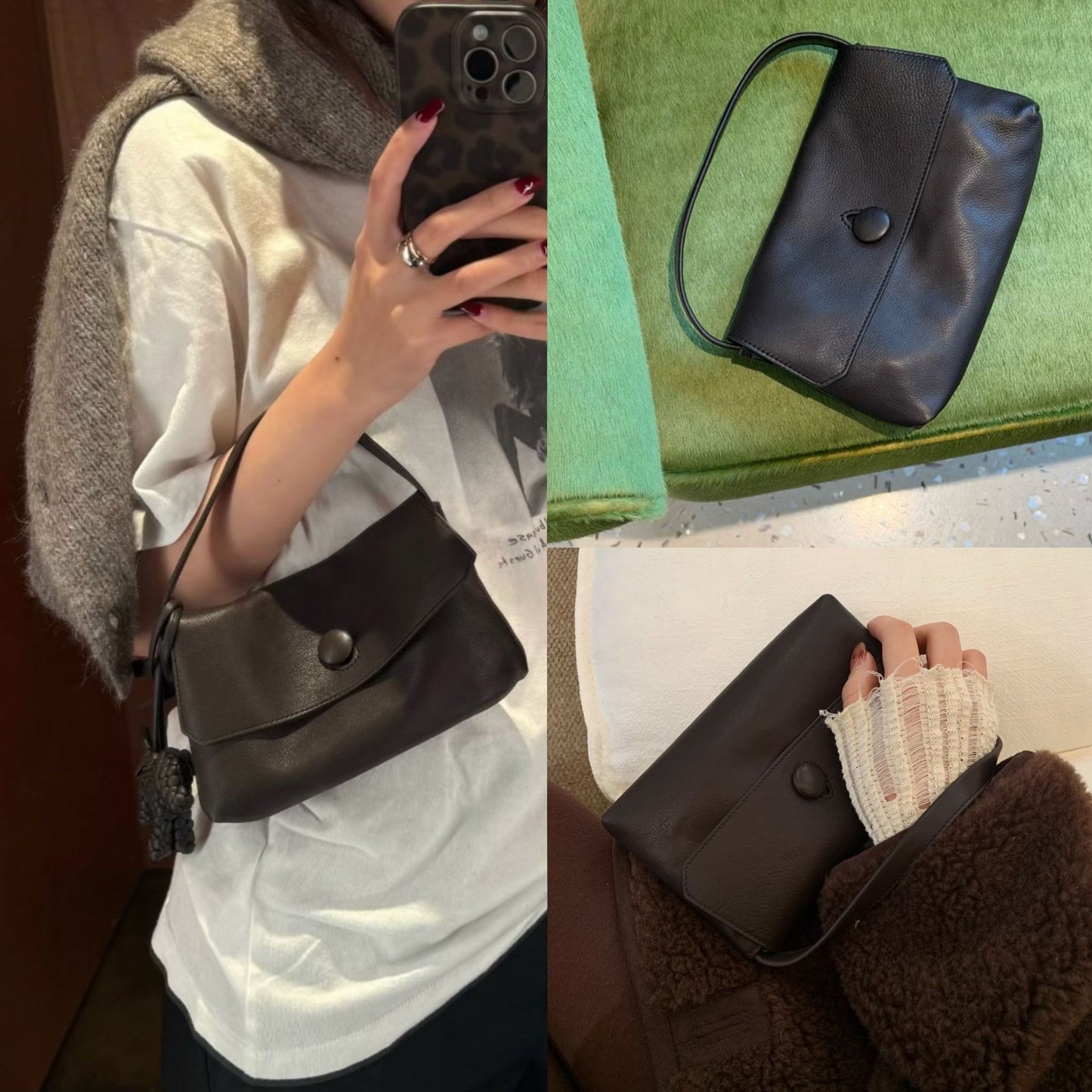Style Niche Button Genuine Leather Minimalist Women's Clutch