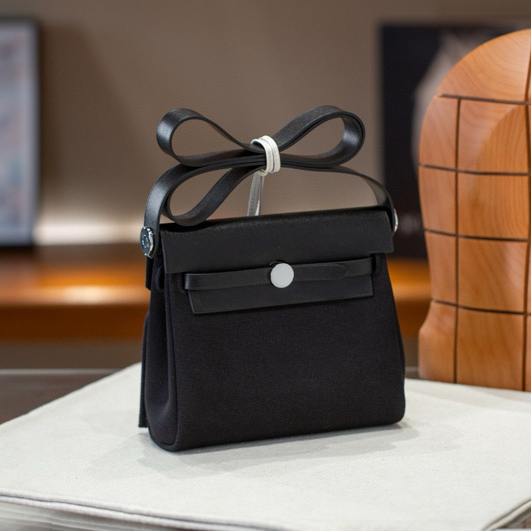 Women's Mini Kelly Cowhide Stitching Canvas Contrast Color Matching Bags