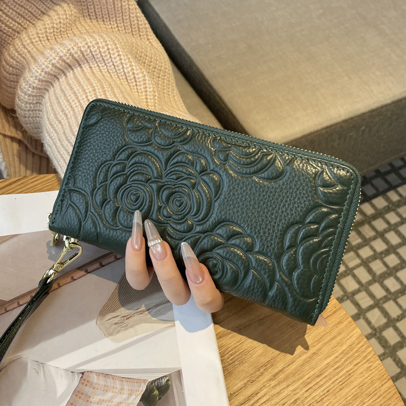 Women's Real Leather Long Single Zipper Fashion Camellia First Layer Ladies Wallet