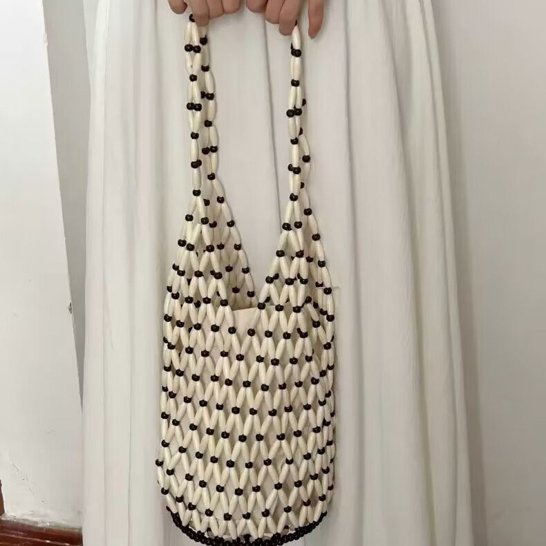 Women's Niche Design Hollow With Wooden Beads Decoration Women's Shoulder Bag