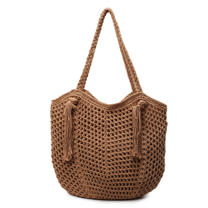 Women's Capacity Cotton Thread Weaving Hollow Beach Mori Style Idle Straw Tote Bag