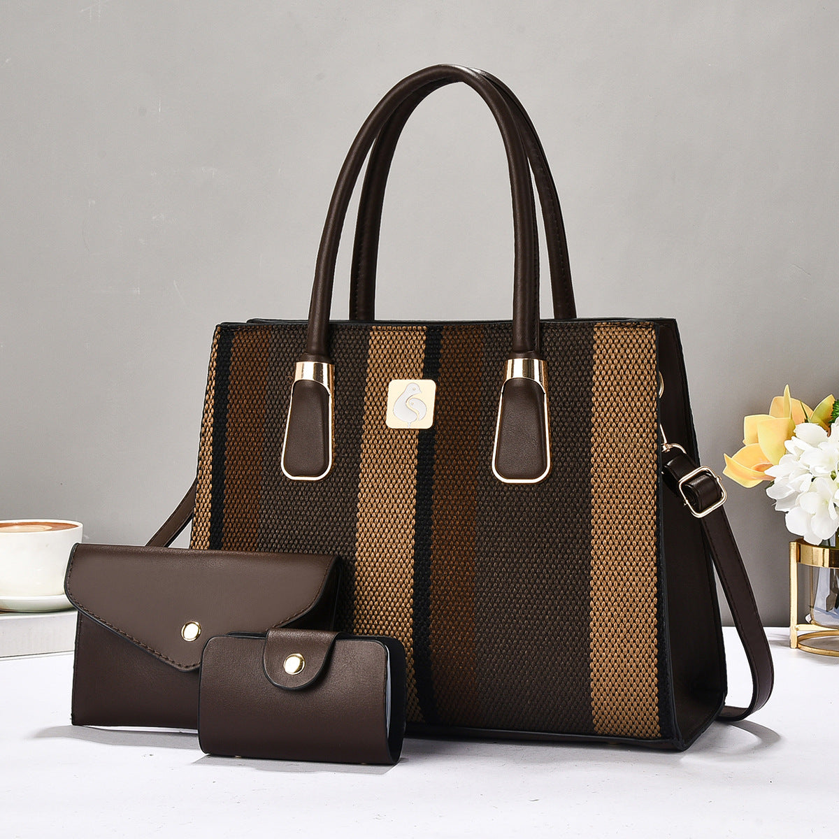 Durable Three-piece Striped Color-matching Versatile Fashion Women's Handbag