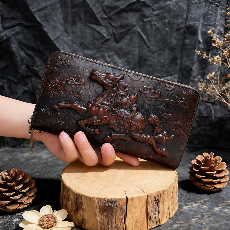 Women's & Men's Retro Carved Genuine Leather Horse Painting Long Zipper First Layer Men's Wallet