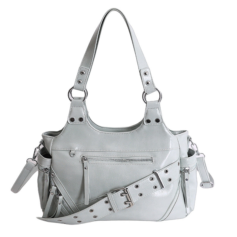 Women's Retro For Large Capacity Soft Leather Stitching Fashion Commuter Rivet Women's Shoulder Bag