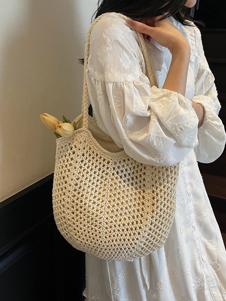 Women's Large Capacity Cotton Thread Woven Hollow Straw Idle Style Women's Shoulder Bag