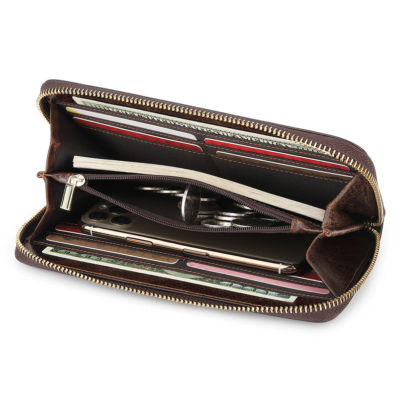 First Layer Long Cowhide Zipper Single Leather Fashion Men's Clutch