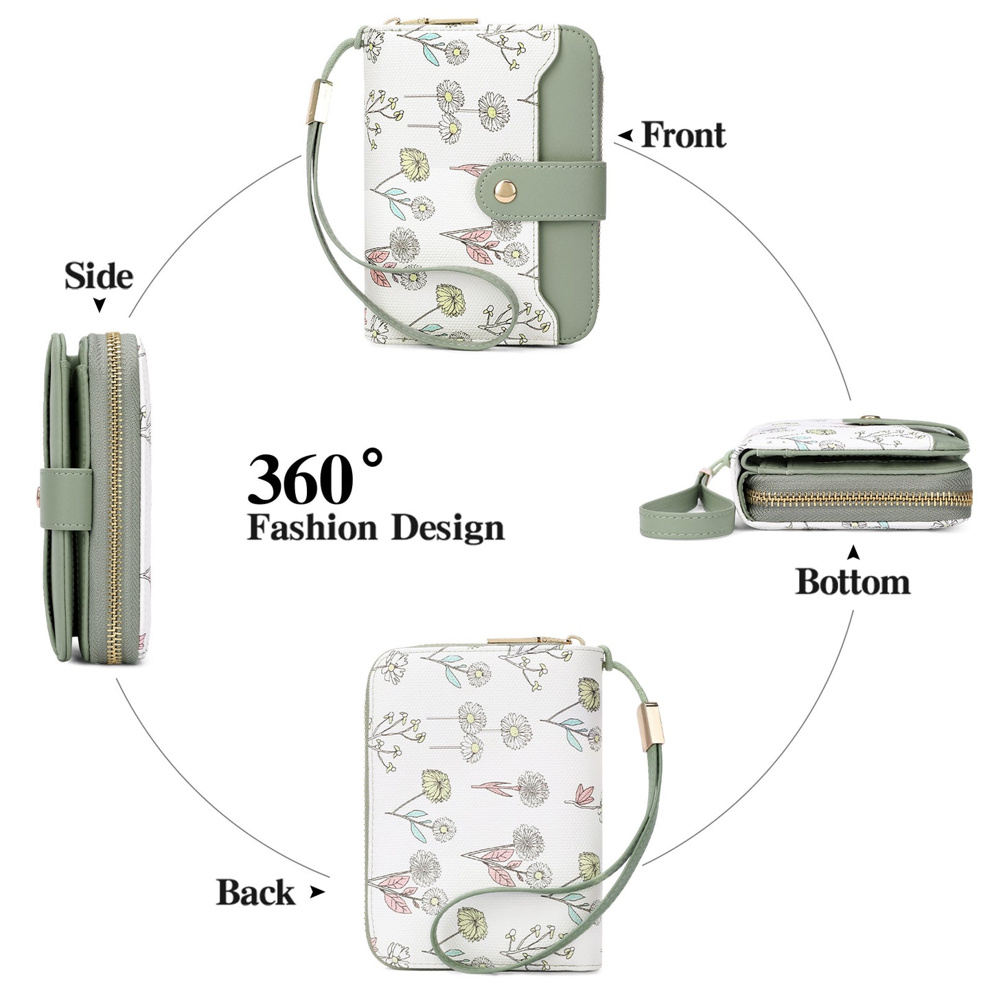 Women's Style Painting Flower Snap Clip Zipper Multiple Slots Ladies Wallet