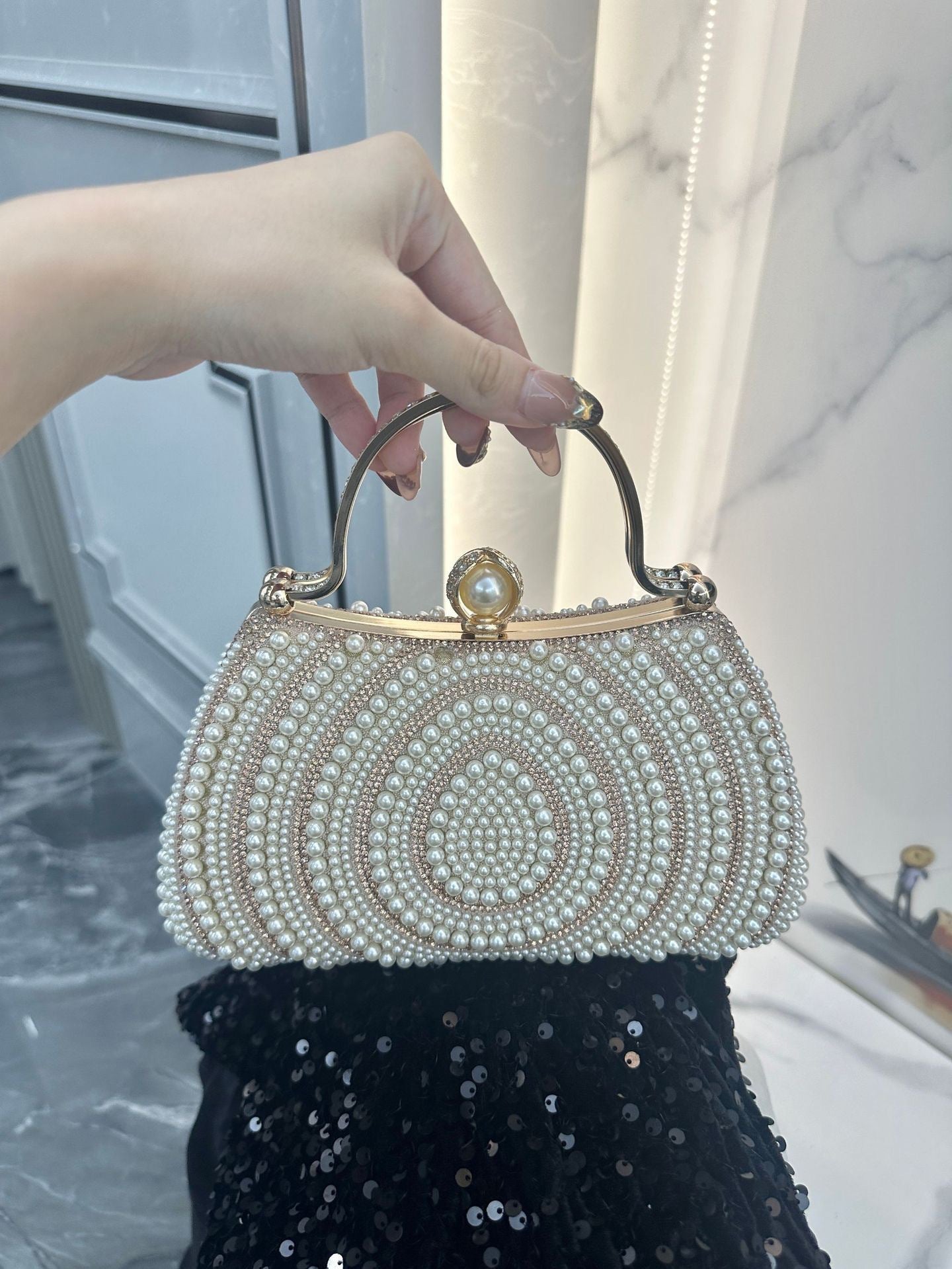 Women's Pearl Banquet Dress Diamond Clutch Dinner Bag
