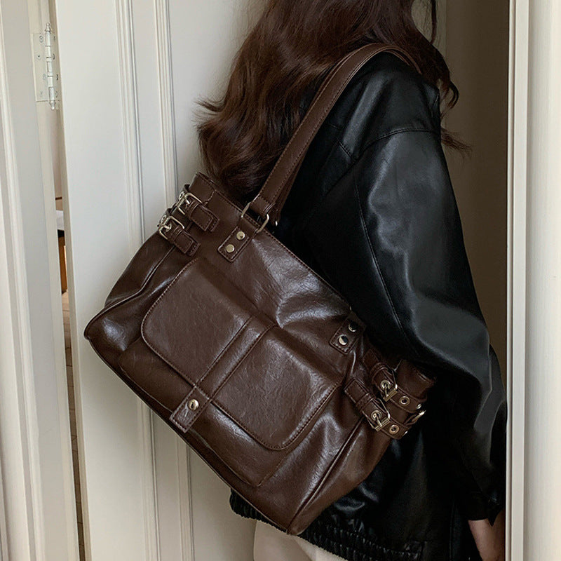Korean Preppy Style Retro Coffee Color Versatile Large Capacity Women's Shoulder Bag