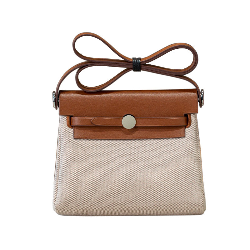 Women's Mini Kelly Cowhide Stitching Canvas Contrast Color Matching Bags