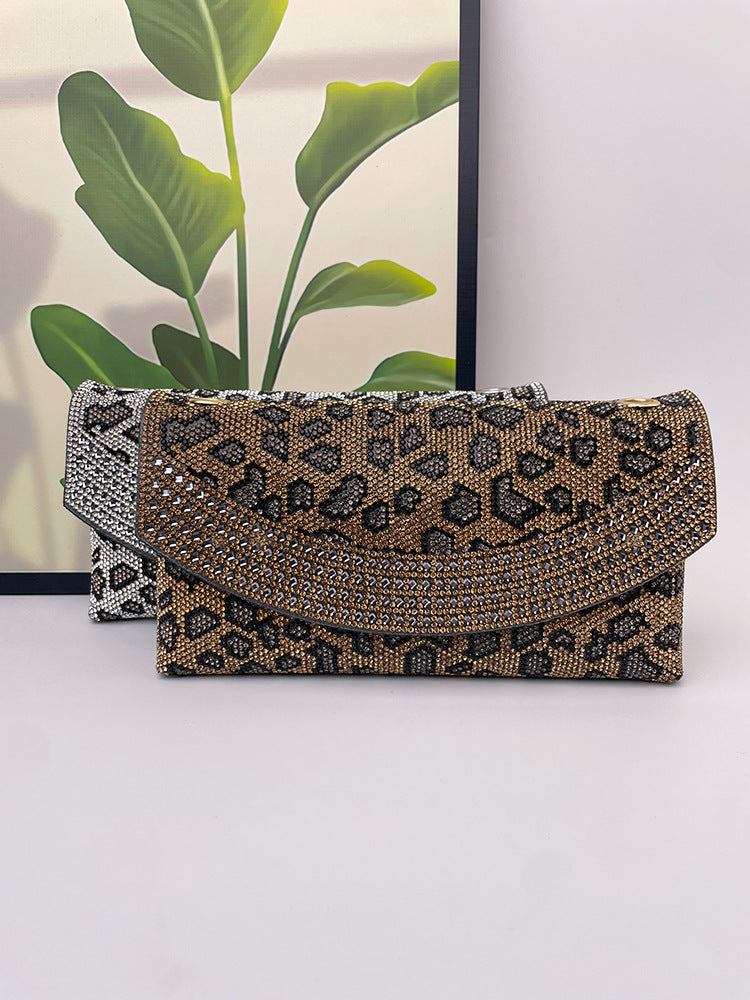 Women's Leopard Print Full Diamond Clutch Banquet Shoulder Bags