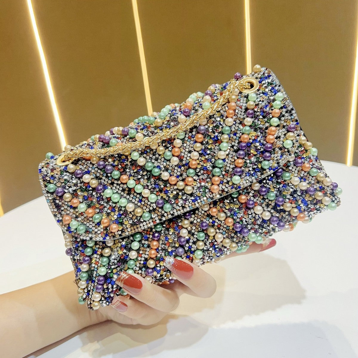 Style Vintage Pearl Rhinestone Banquet Shiny Not Smooth Flip Underarm Dinner Bag