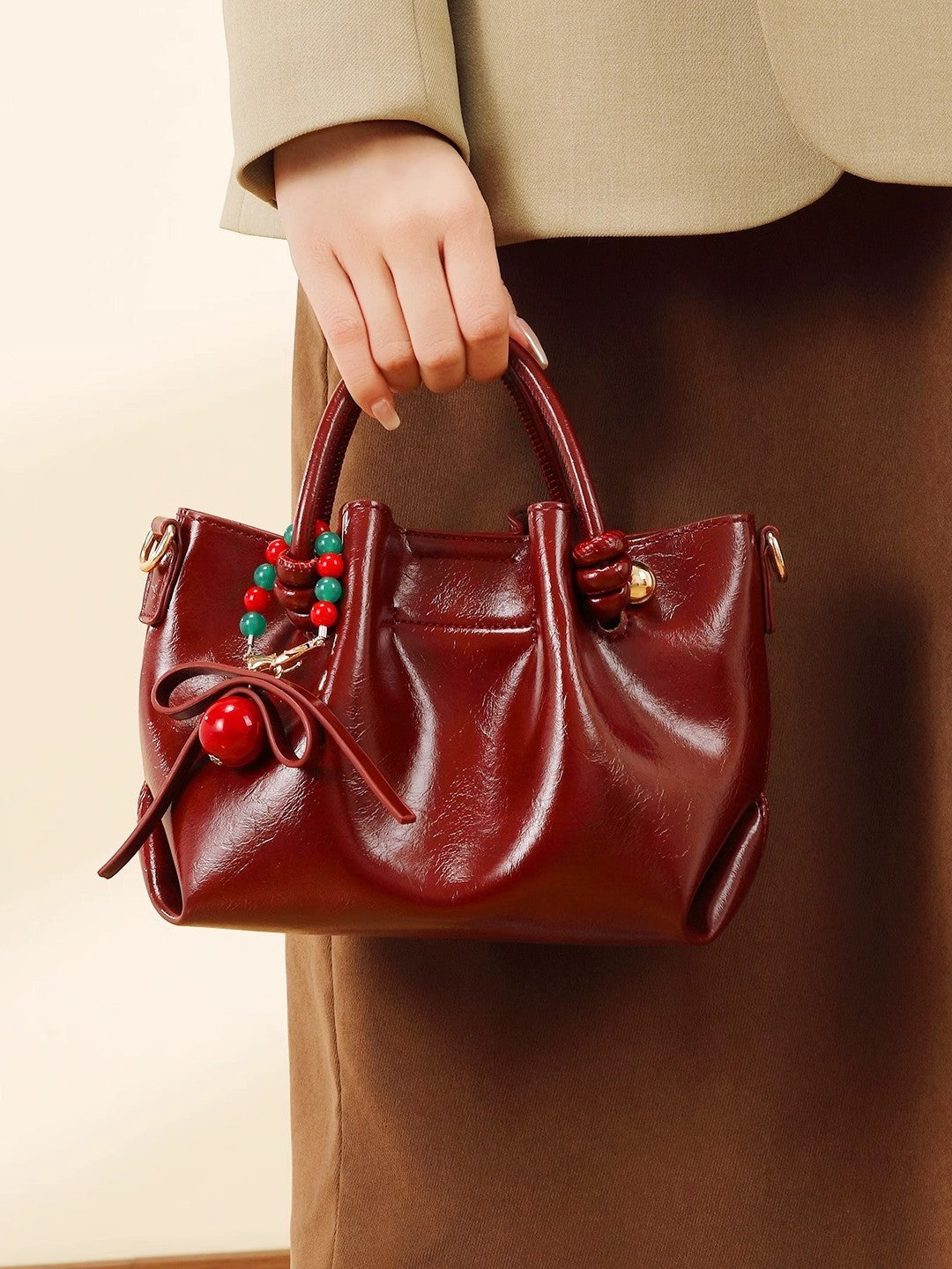 Oil Wax Leather Golden Balls Decorative Light Luxury Hand Female Women's Handbag