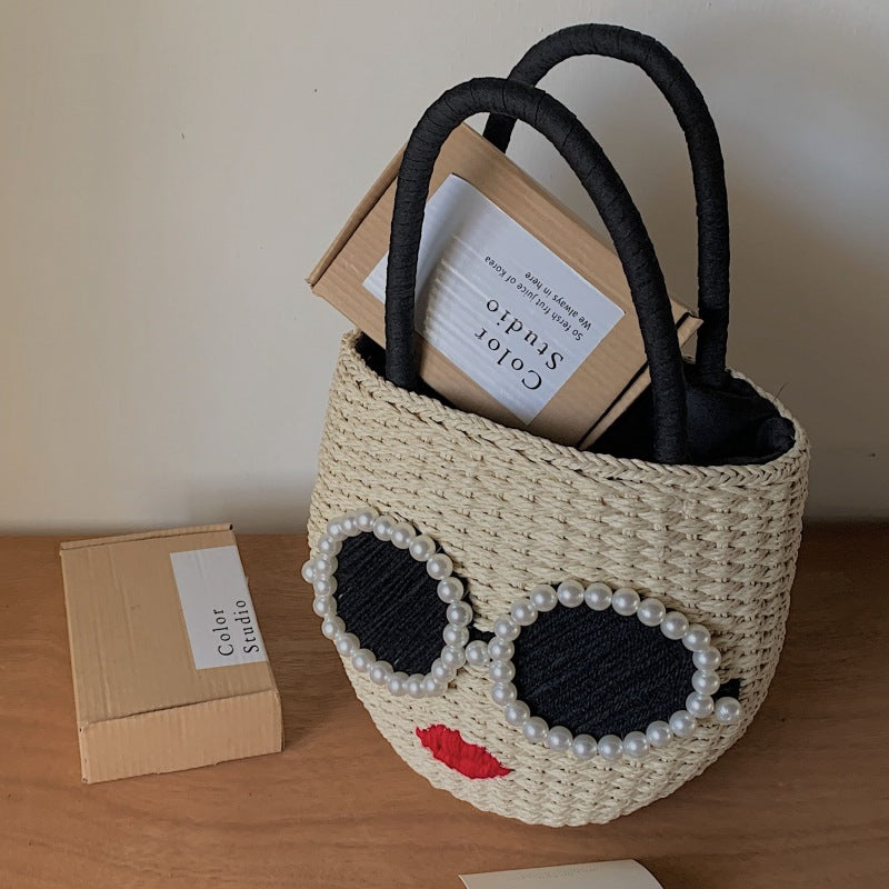 Red Lips Straw Fashion Rattan Hand Cute Cartoon Style Water Women's Handbag
