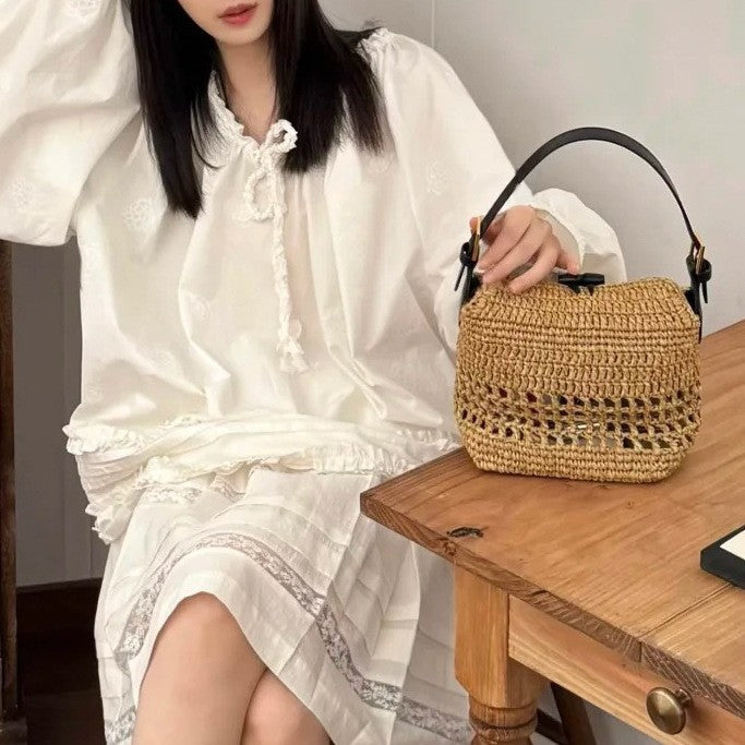 Women's First Layer Cowhide Stitching Lafite Straw Lunch Box Fashion Women's Handbag