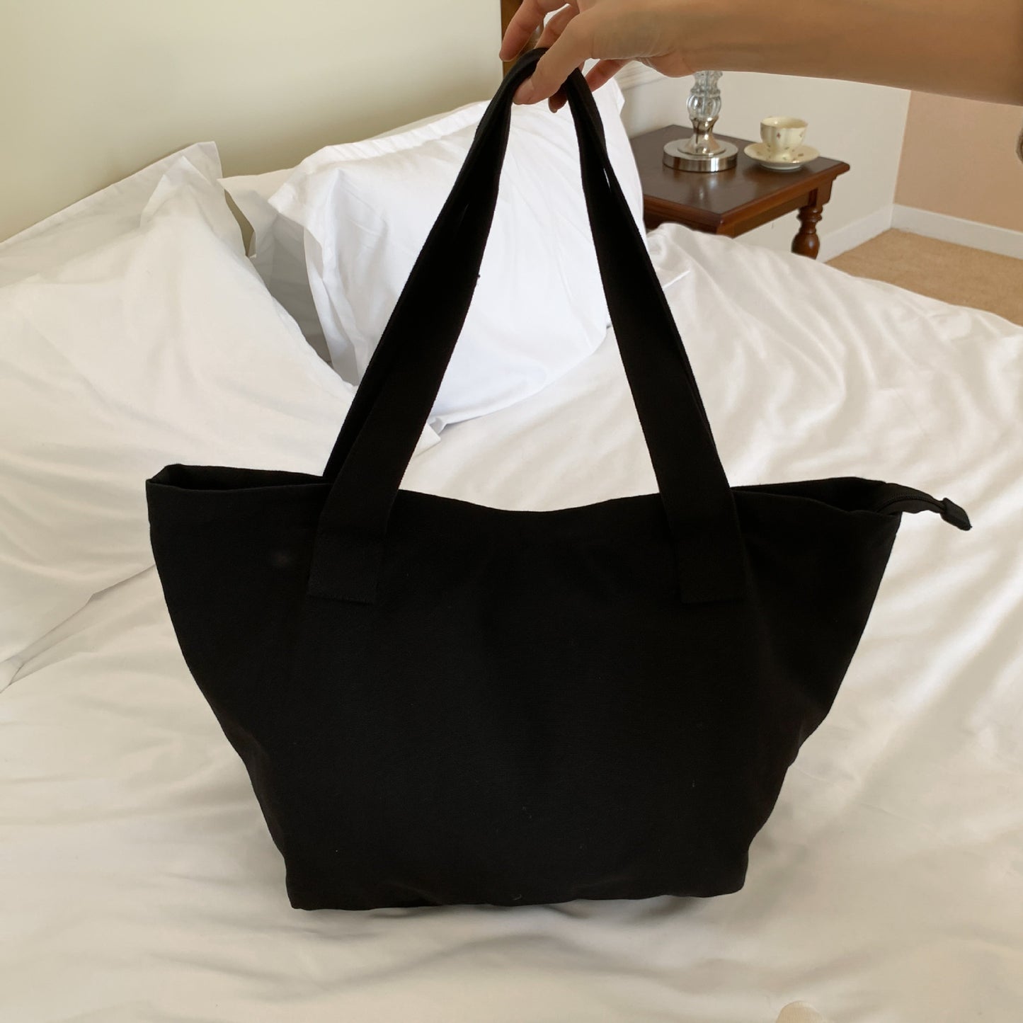 Large Capacity Simple Zipper Korean Style Washed Canvas Shoulder Bags