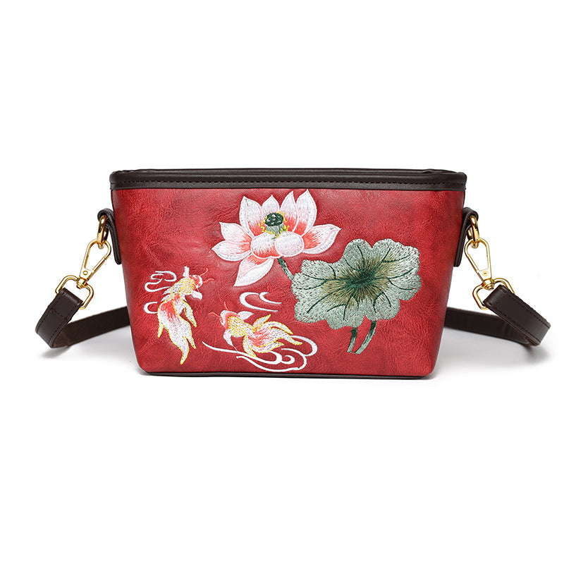 Women's National Style Light Luxury Lotus Embroidery China Women's Shoulder Bag