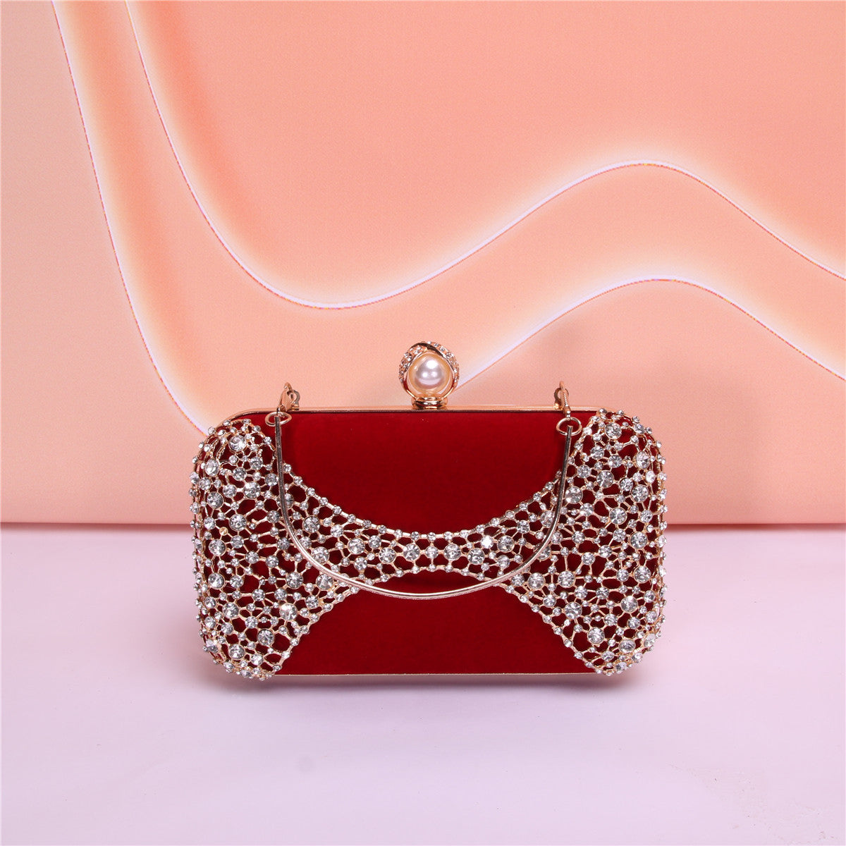 Style Noble Elegant Metal Hollow Carved Flannel Pearl Dinner Bag