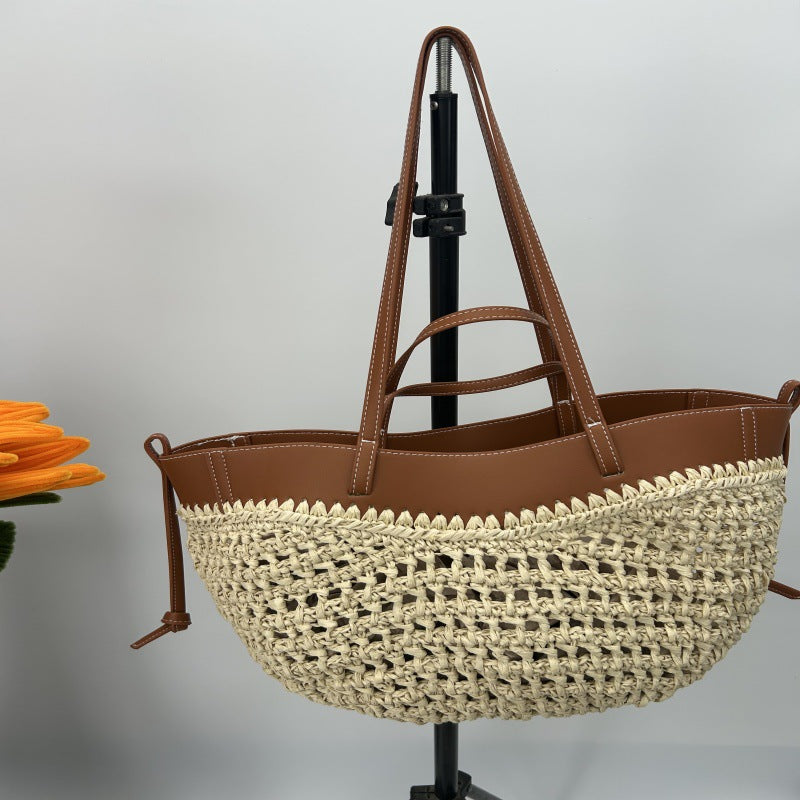 Fur Combined Summer Grass Paper Leather Stitching Commuter Seaside Vacation Women's Shoulder Bag