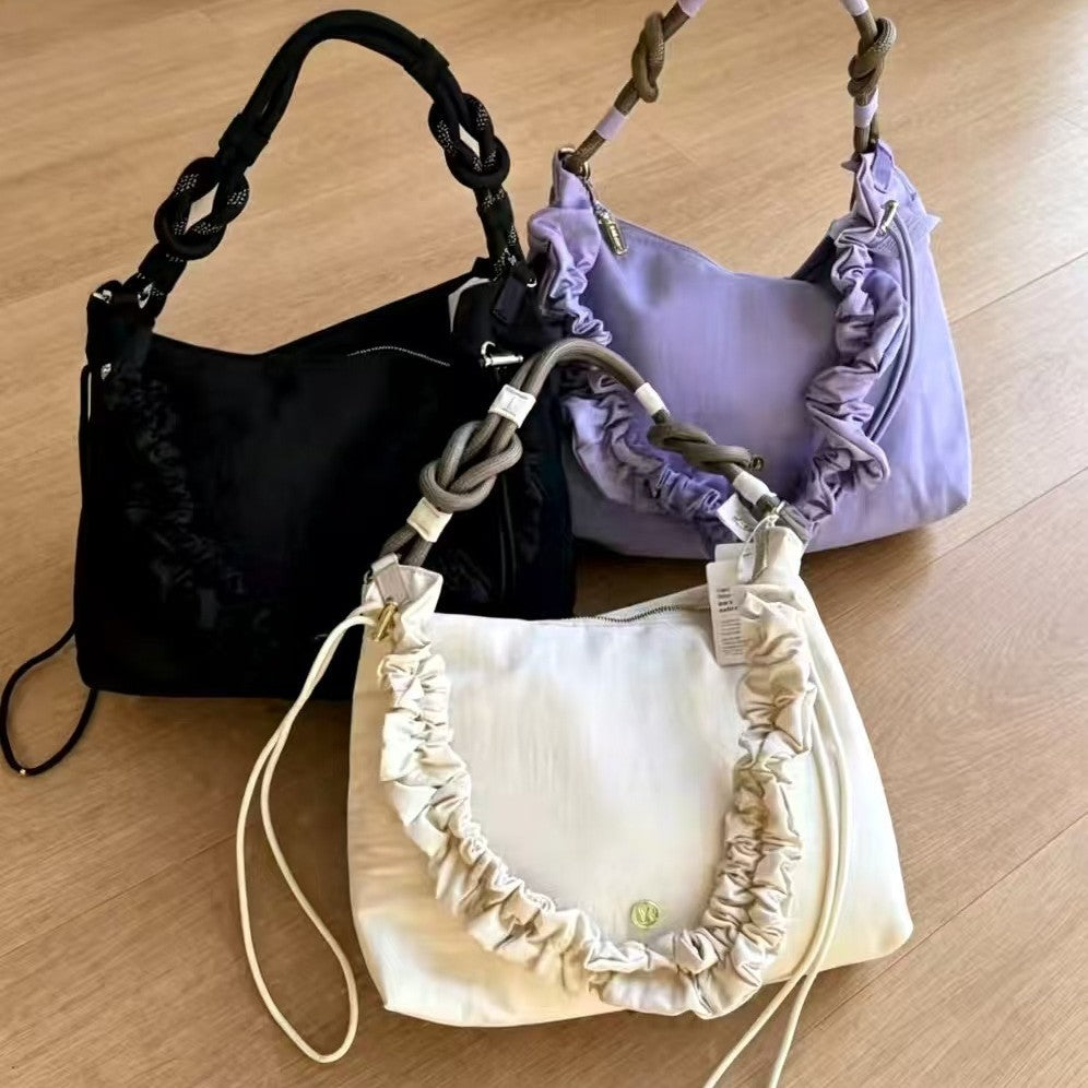 Home Loose Canvas Sense Pleated Drawstring Commuter Artistic Large Women's Shoulder Bag
