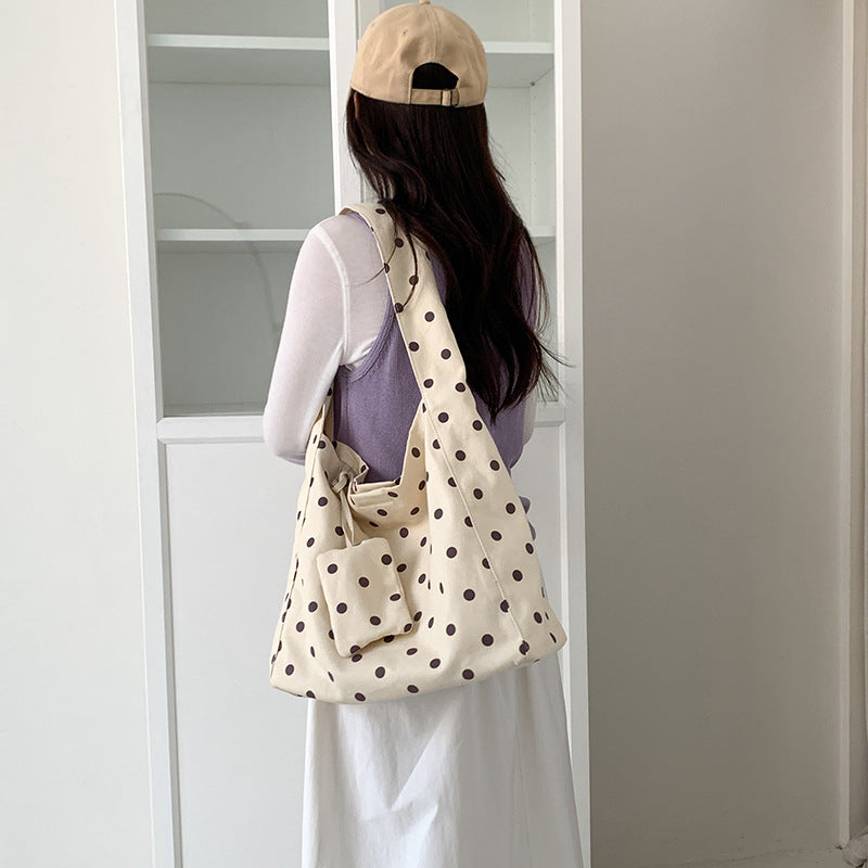 Fashion College Canvas Temperament Artistic Polka Dot Large Capacity Shoulder Bags