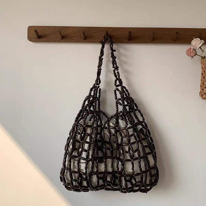 Women's Hand-woven String Wooden Bead Large Capacity Portable Niche Bags