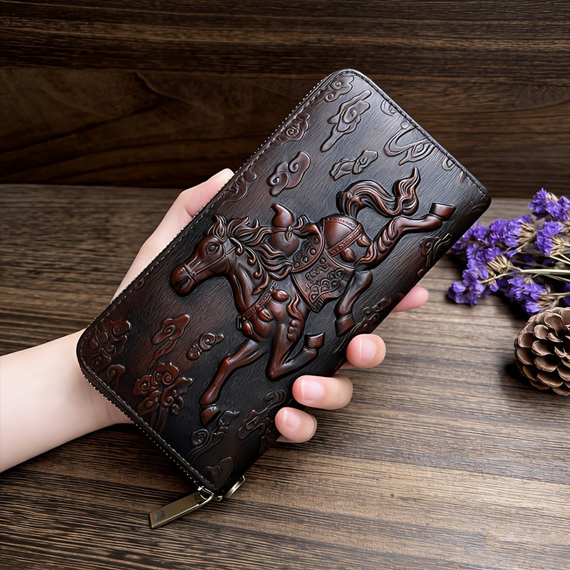 Women's & Men's Retro Carved Genuine Leather Horse Painting Long Zipper First Layer Men's Wallet