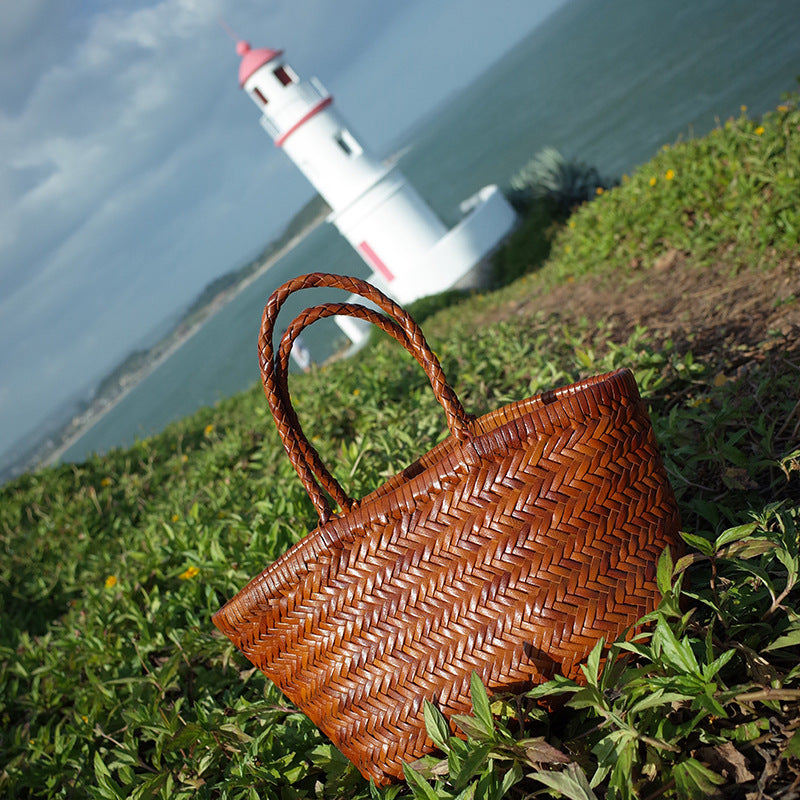 Women's French Retro Woven Portable Female Vegetable Travel Bags