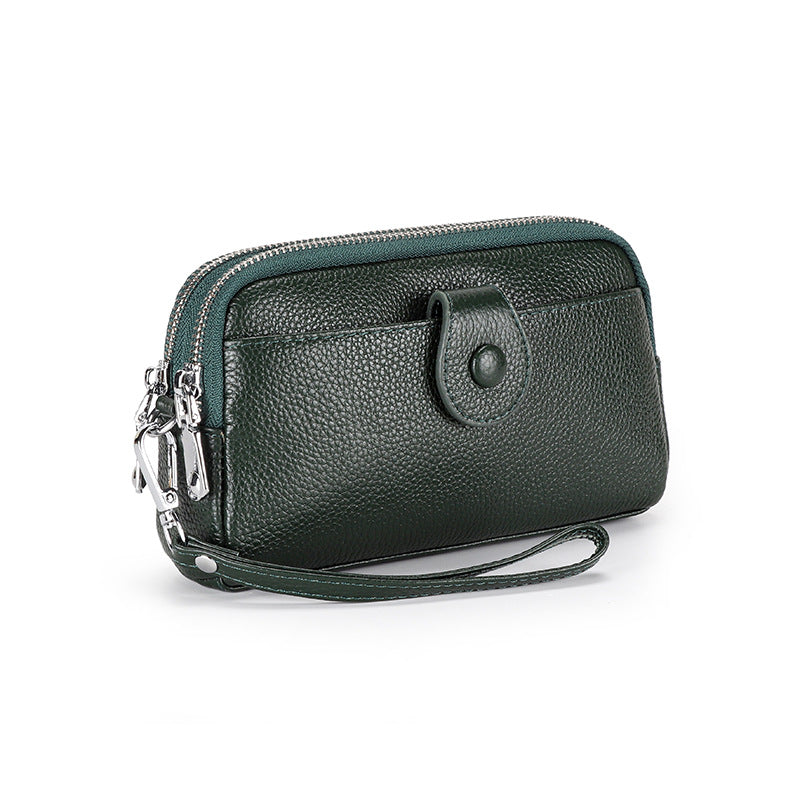Women's Genuine Leather Chain Layer Cowhide Double Zipper Women's Clutch