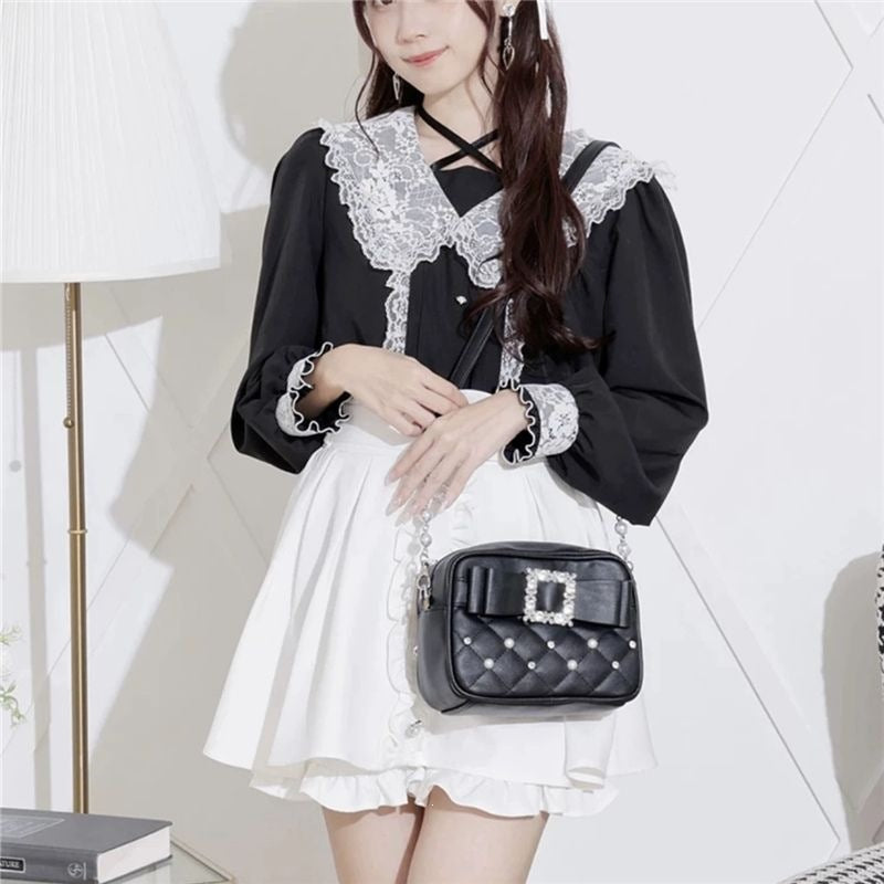 Bow Girly Fashion Pearl Rhinestone Rhombus Small Square Bags