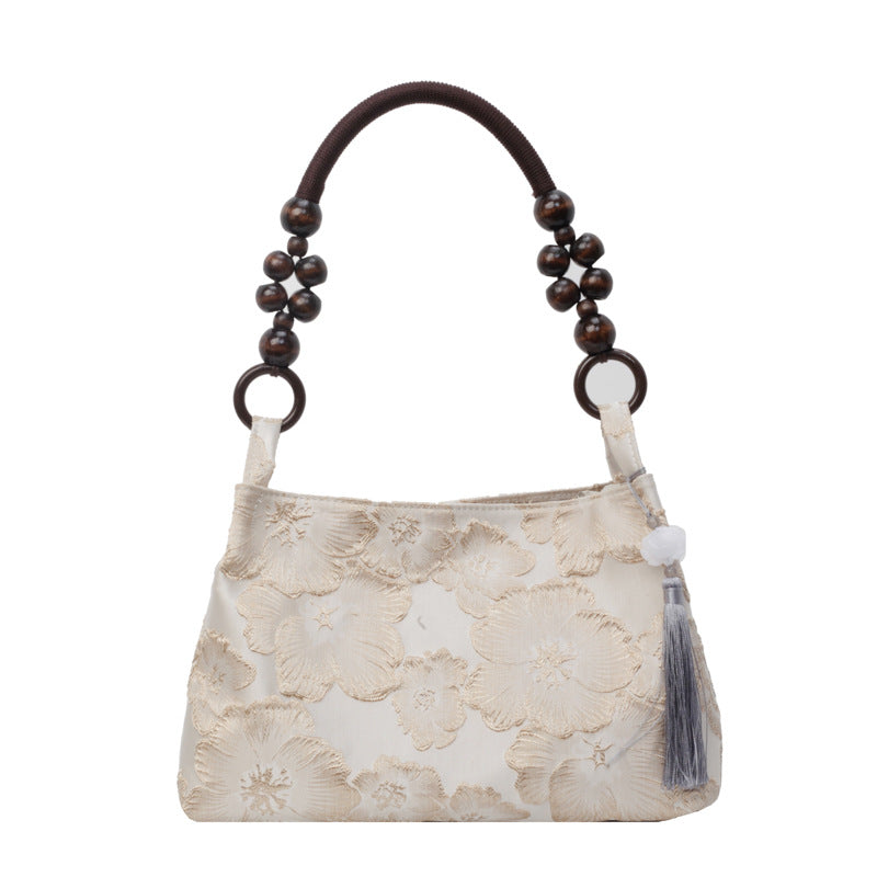 National Style Chinese Retro Embroidery Wooden Bead Western Women's Shoulder Bag