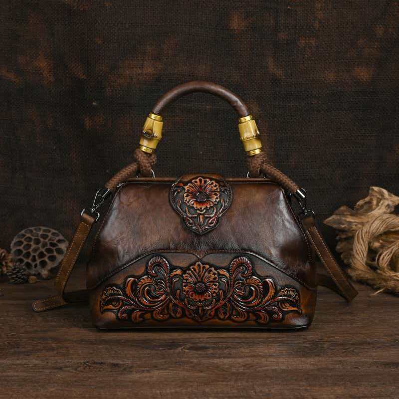 Embossed Texture Soft Leather Carved National Style Women's Handbag