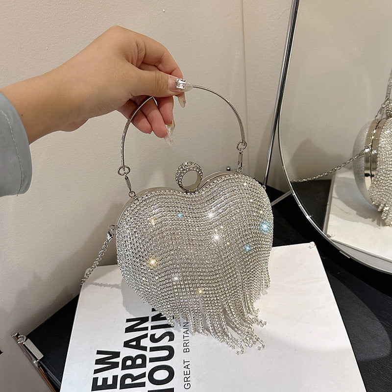 Women's Portable Rhinestone Heart High-grade Tassel Dinner Dress Women's Shoulder Bag