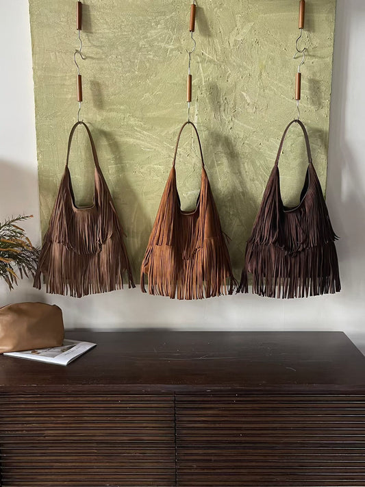Women's Style Vintage Cowhide Tassel Niche Underarm Suede Bags