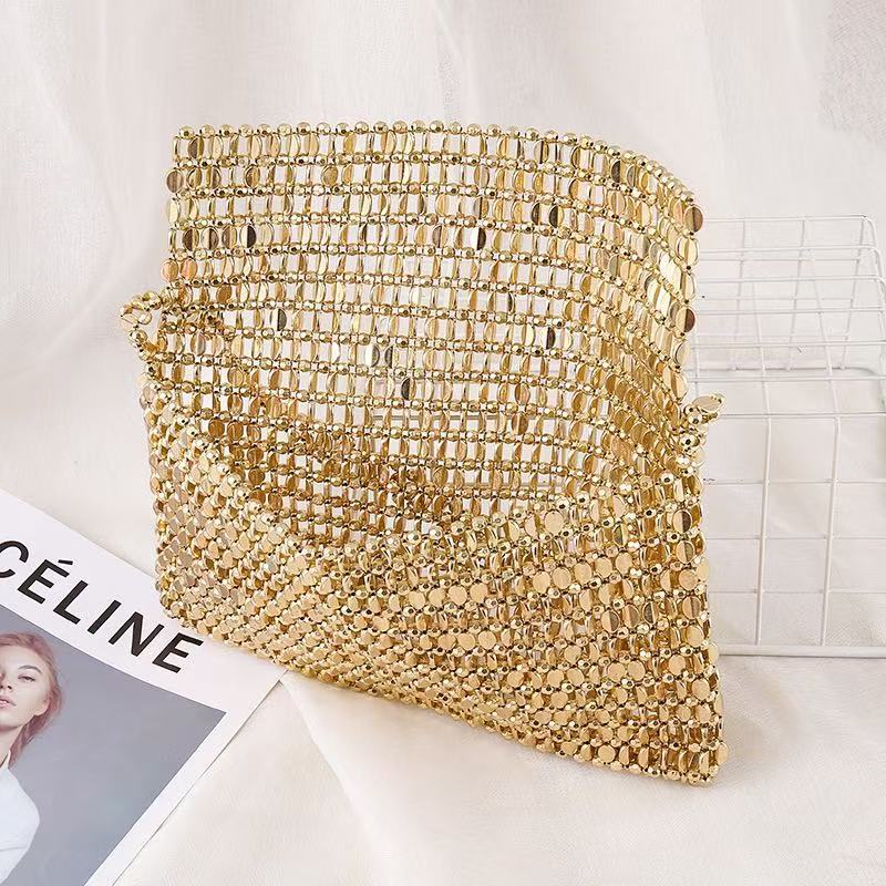 Vintage Shiny Metal Handmade Beaded Bracelet Pearl Flip Large Capacity Women's Handbag