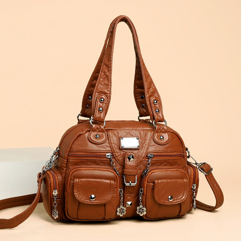 Elegant Sier Flower Real Washed Leather Smiling Women's Handbag