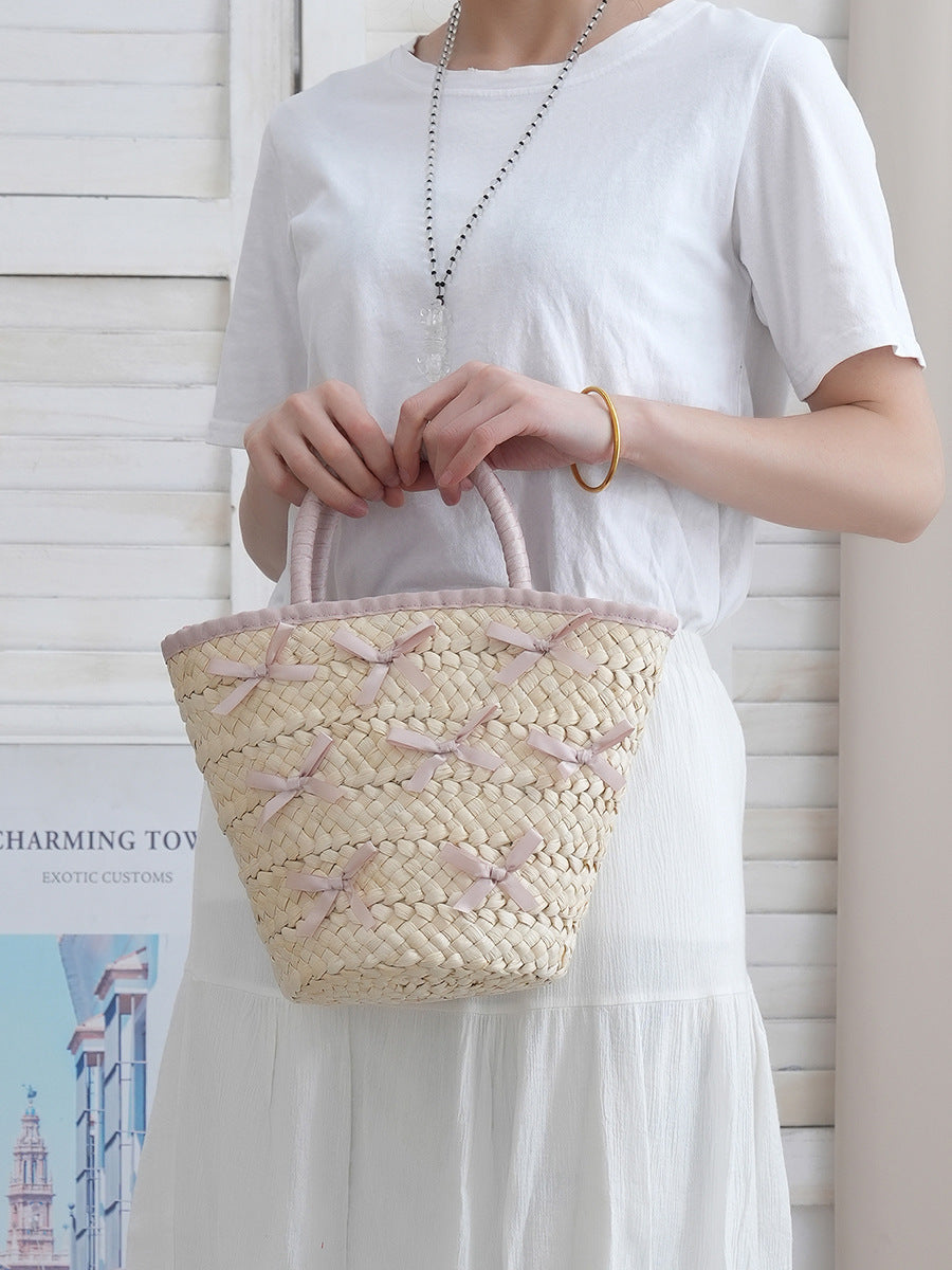 Classic Style Urban Simple Straw Bow Beach Women's Handbag