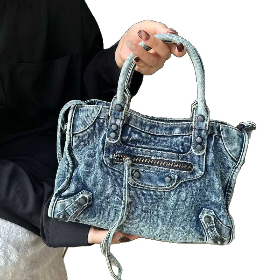 Rivet Motorcycle Washed Denim Neutral Punk Women's Messenger Bag
